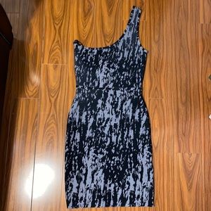 BCBGMaxAzria black grey one shoulder bandage bodycon pencil dress, size M